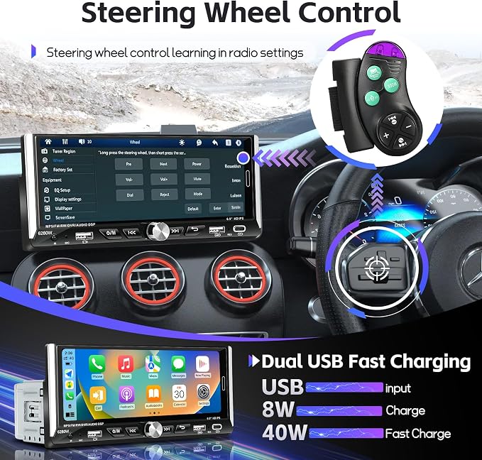 Single Din Radio Car Stereo with Wireless Apple Carplay & Android Auto, 6.9" IPS Touchscreen Car Stereo with Bluetooth 1080P Backup Camera Mirror Link Navigation USB Type-C Fast Charging FM/AM EQ SWC