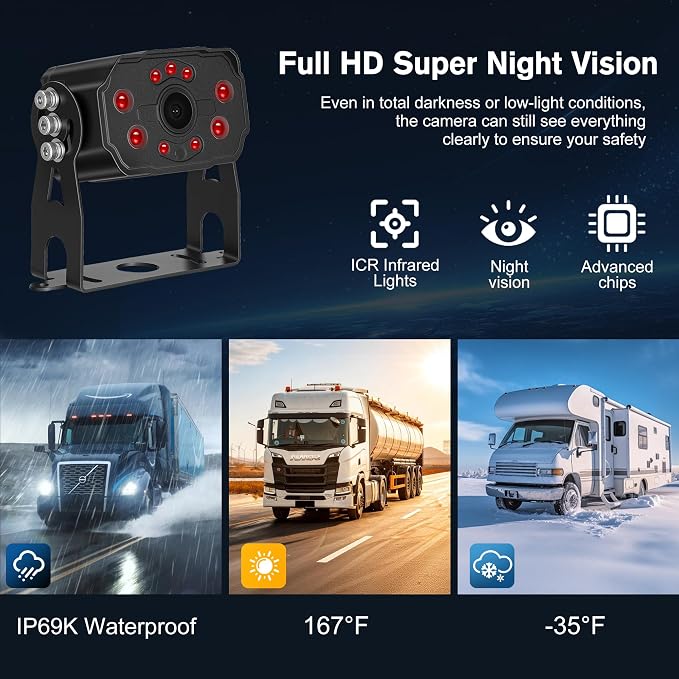 4 Channel Backup Camera System for Truck RV, 10.36” Touch Screen Monitor with 4 1080P Camera, Smart BSD Alert, DVR Loop Recording, IP69 Waterproof Night Vision Dash Cam for Trailer Camper, 64GB Card ﻿