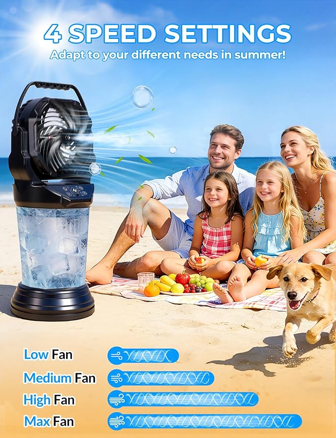 2026 NEW Portable Camping Misting Fan, 30000mAh Rechargeable Camping Fans with Remote & 2L Water Tank, 4 Timers, 4 Speeds, 2 Mist Modes, 120° Oscillation, for Golf Camping Beach Fishing & Workshops