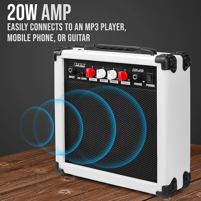 LyxPro Electric Guitar Amp 20 Watt Amplifier Built in Speaker Headphone Jack and Aux Input Includes Gain Bass Treble Volume and Grind - White
