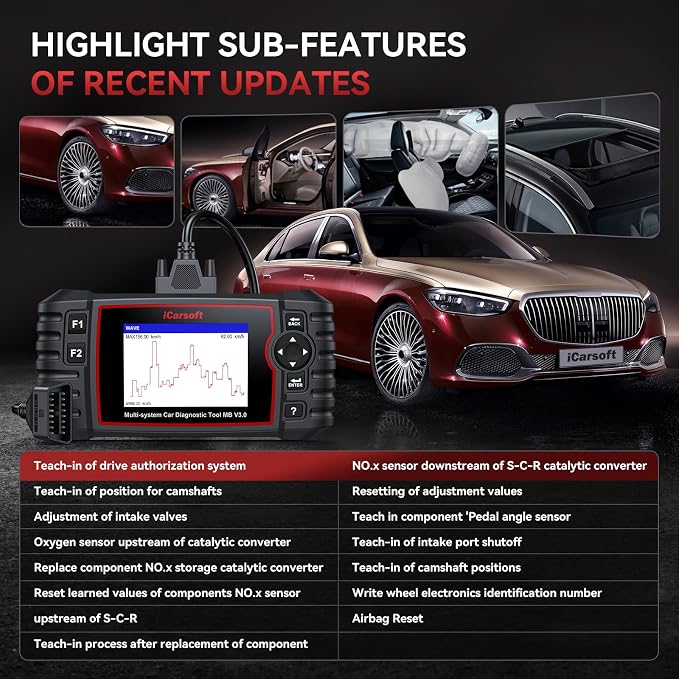 iCarsoft MB V3.0 Bidirectional Diagnostic Tool for Mercedes-Benz/Sprinter/Smart/Maybach 38+ Service All Systems OBD2 Scanner Quick Scan Battery Test Full Actuation Test Auto VIN Free Lifetime Update
