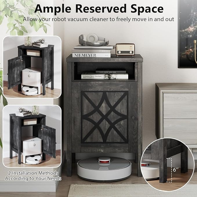 Giantex Robot Vacuum Storage Cabinet, Farmhouse End Table with Anti-Tipping Device, Anti-Slip Foot Pads, Nightstand, Space-Saving Sweeping Robot Stand for Small Space, Bedroom, Kitchen, Office (Gray)