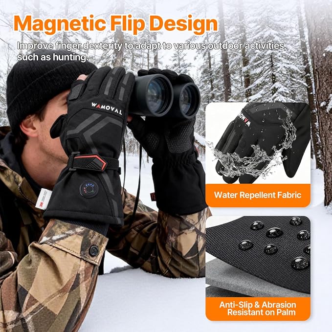 Heated Gloves, 7.4V Rechargeable Hand Warmer for Men Women, Up to 8 Hours, 3 Heat Settings, Windproof Thermal Fleece 3-Finger Magnetic Flip for Hunting/Fishing/Photography/Drone, Touchscreen