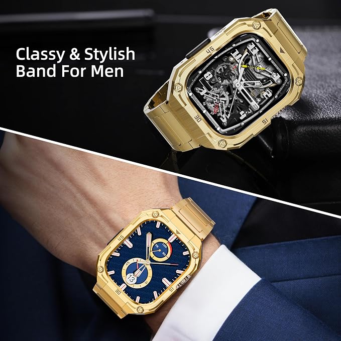 Business Stainless Steel Case with Band Compatiable for 49mm Apple Watch Ultra bands for men, Rorust Metal Apple Watch Bumper Case Cover with Solid Replacement Strap for iWatch Band Ultra 2/1,Gold