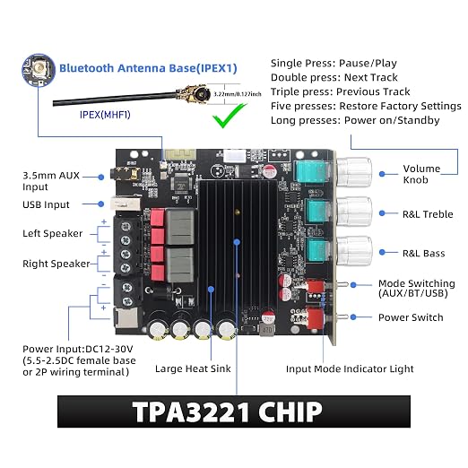 ZK-1002T Max 100W+100W Power Amplifier Board, 2.0 Channel Audio Power Amplifier,TPA3221 Chip with Bluetooth/AUX/USB Input Mode Selection Toggle Switch