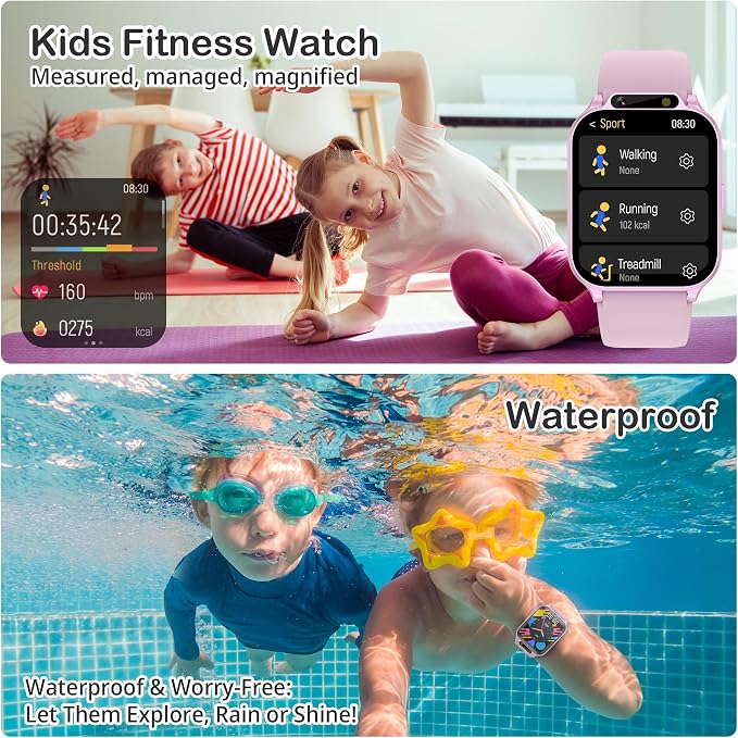 Kids Waterproof Smart Watch Girls with Fitness Tracker Sports Activity Pedometer Heartrate SpO2 Stress Monitor Flashlight APP HD Touch Screen Camera Games Music for 4-13 Year Old Girls Gifts for Kids