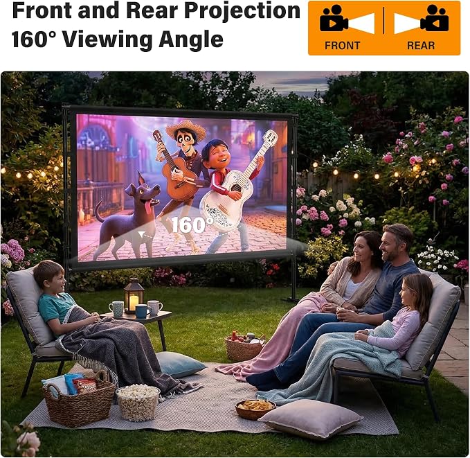 Outdoor Projector Screen with Stand 100 Inch, 16:9 Portable 4K HD Indoor Movie Screen, Large Double-Sided Washable Screen with Carry Bag, Sandbags for Backyard, Camping, Home Theater