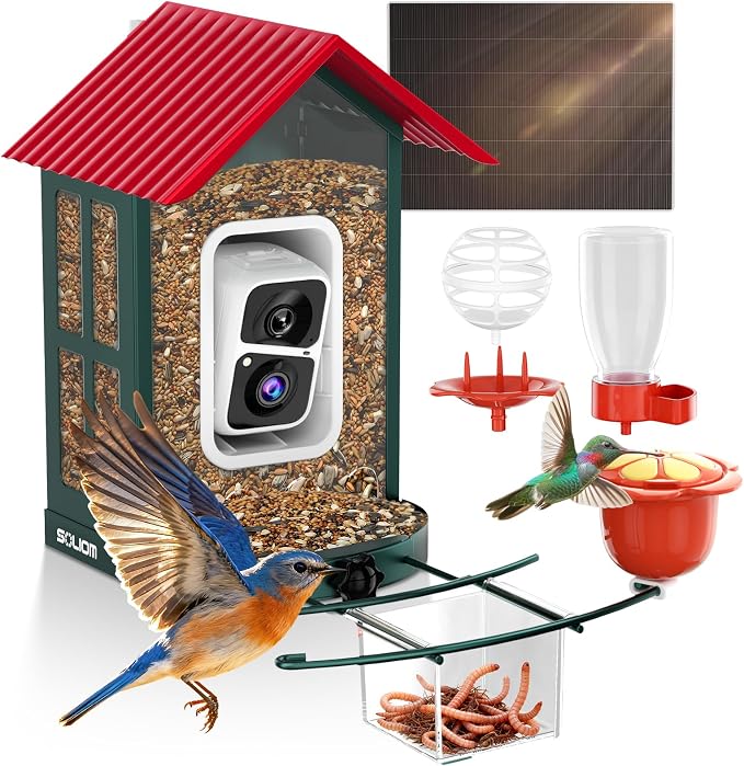 SOLIOM Smart Bird Feeder with Camera for Outdoors, Durable Metal Solar AI Birdhouse, 2K Live View & Instant Alerts, Squirrel-Proof – Complete Bird Watching Gift Set(Red)