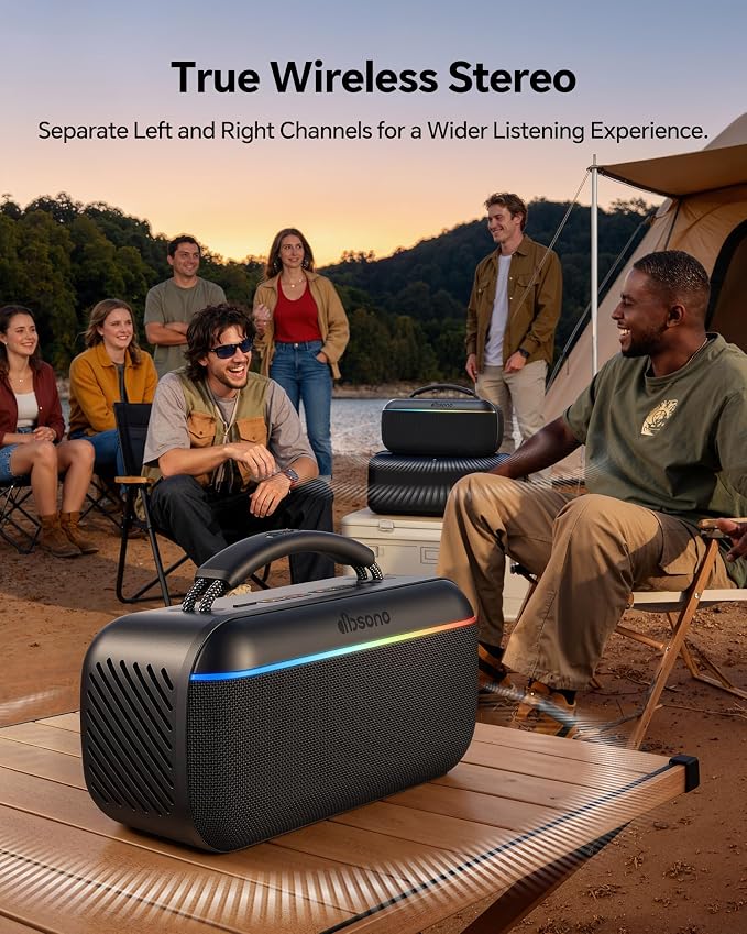 dbsono Portable Bluetooth Speaker Wireless: 100W(Peak) SoundPulse 2.0 with BassBoost, Waterproof Loud Party Speakers, Unlimited Pairing, TWS for Outdoor/Indoor, Beach Vacation Essential, Black
