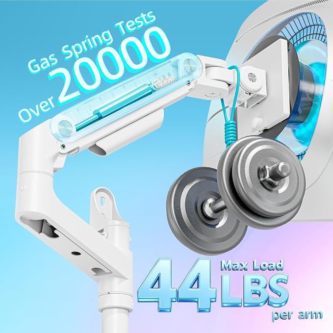 ARES WING Dual Monitor Wall Mount for 17-49 Inch Ultrawide Screens, Heavy Duty Wall Mount Monitor Arm Holds 44 lbs Each, Fully Adjustable Gas Spring Monitor Arm, 75x75/100x100 VESA Mount, White