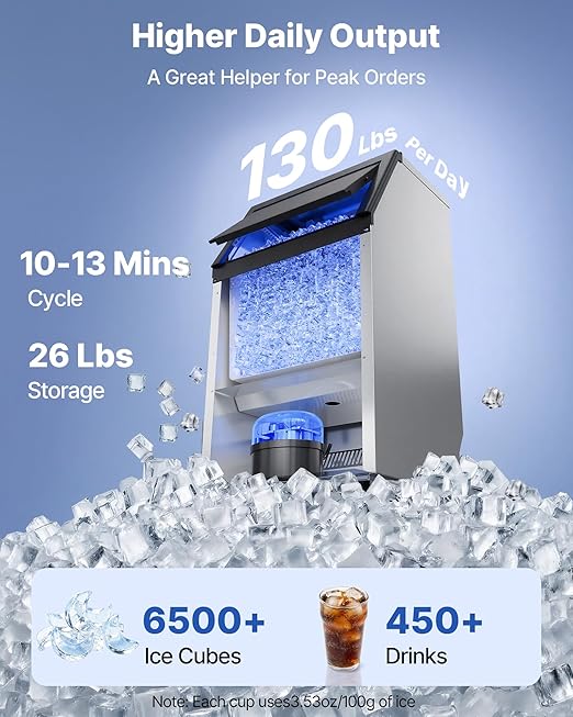 VEVOR Commercial Ice Maker Machine, 100 lbs/24h with 26 lbs Storage Capacity, Crescent Ice,Built-in/Freestanding/Under Counter, Stainless Steel Ice Maker with LED Display for Home Bar Restaurant
