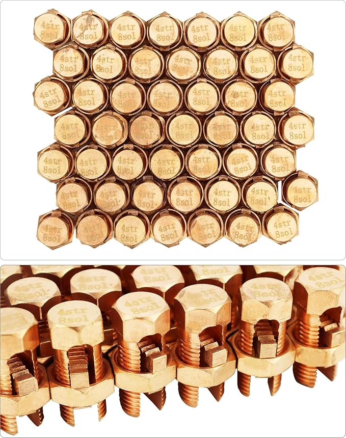 QWORK Grounding Split Bolt, 50 Pieces 4 Gauge 8 Gauge High Strength Split Bolt Connectors, Ground Wire Clamp, Solid Copper, for Antenna, Satellite Dish, Cable TV