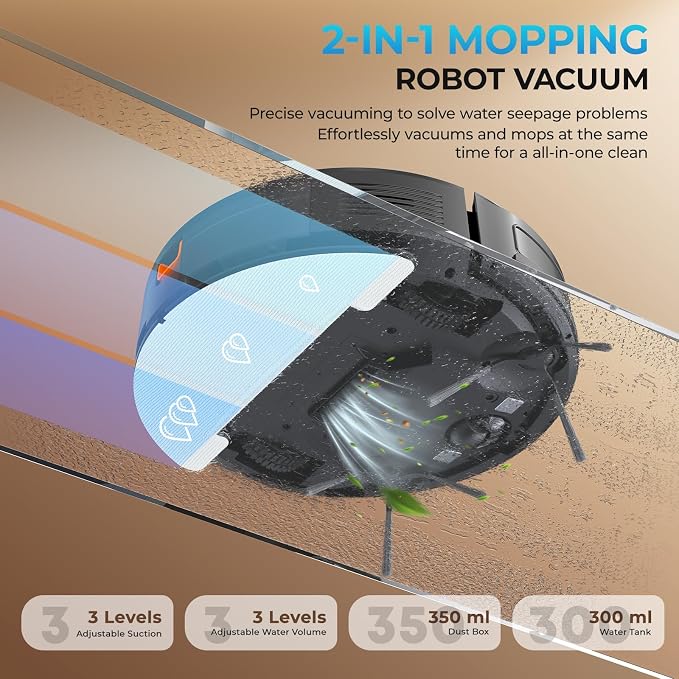 Robot Vacuum and Mop Combo, 4200Pa Suction, 2 in 1 Mopping Cleaner, Black, App & Voice Control, Self-Charging, Obstacle Avoidance, Compatible with Alexa