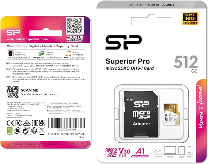 Silicon Power 512GB Micro SD Card U3 SDXC microsdxc High Speed MicroSD Memory Card with Adapter