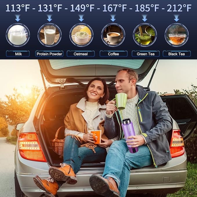 Vacuum Insulated Car Electric Kettle, Miicasa Stainless Steel Tumbler Car Water Heater,12V/24V Water Boiler with 6 Temperature and Auto Shut-Off Boil Dry,16oz