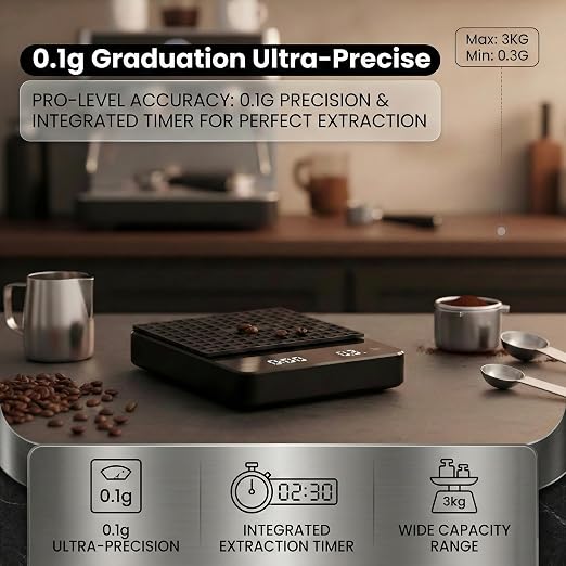 Coffee Scale with Timer 3kg/0.1g High Precision Digital Espresso Scale for Pour Over & Matcha, Food Scale for Kitchen Baking and Jewelry with Rechargeable Battery, Silicone Mat