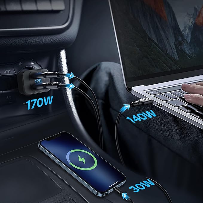 TENTECH USB C Car Charger, 170W 2-Port Superfast Car Charger Adapter,PD3.1/QC Cigarette Lighter USB C Charger for MacBook, iPhone 17/16/15, iPad, AirPods, Android,Samsung with LED Voltage Display