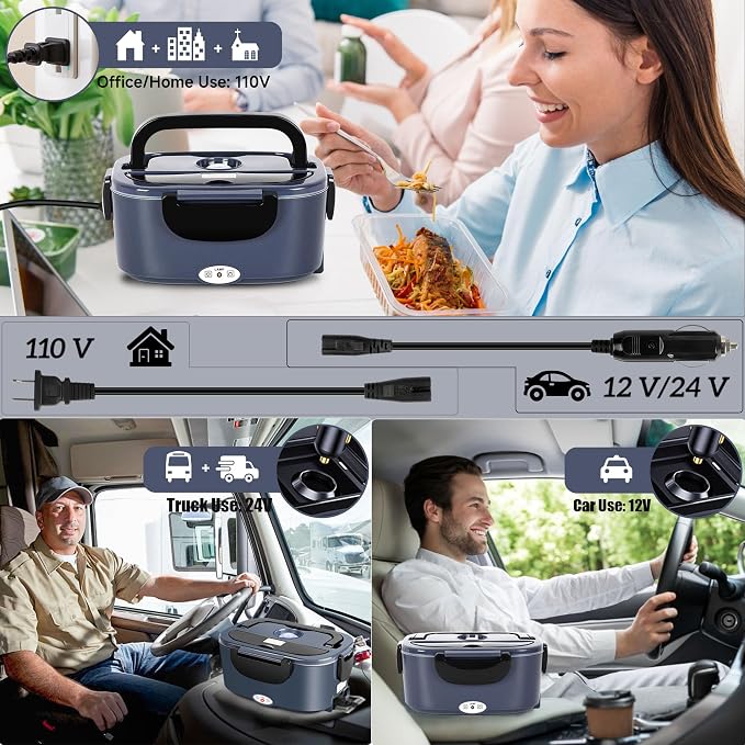 Electric Lunch Box for Adults - 1.5L Single/Double Layer Stainless Steel Food Warmer - 80W Fast PTC Heated Lunchbox, 12V/24V/110V Portable Food Heater for Car&Truck, Office, Camping, Travel