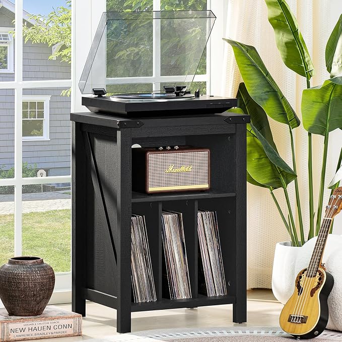Joaxswe Record Player Stand with Vinyl Record Storage,Black Record Player Table Holds up to 160 Albums,Large Wood Turntable Stand Cabinet Dispaly Shelf for Living Room,Bedroom,Office