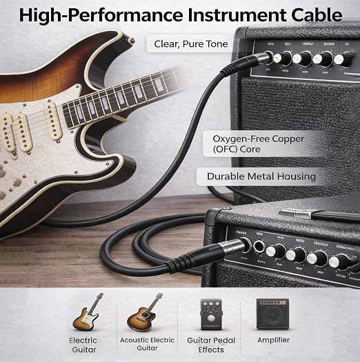 Gearlux Instrument Cable/Guitar Cable, 1/4 Inch, Straight to Straight, Black, 10 Feet - 3 Pack