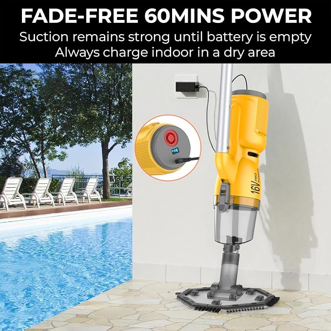 16V Cordless Handheld Pool Vacuum - 26,000Pa Hyper Suction, 3-Stage 3D Fiber Ball Micro-Filtration, Fine Filter, XL 0.3gal Canister, 7ft Pole & 2 Heads, for Inground & Above Ground Pools, Spas