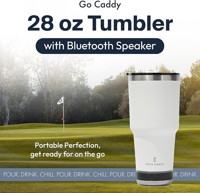 Vibe 28 oz Tumbler with Bluetooth Speaker, Insulated Stainless Steel Travel Cup with Lid, Hot & Cold Drink Beverage Container, Removable Speaker with Microphone, Rubber Base, White