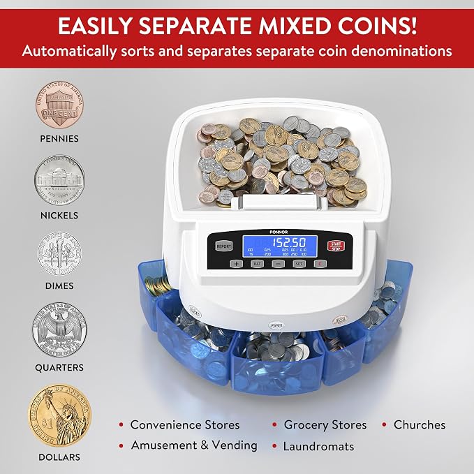 PONNOR Coin Counter Machine Sorter Change and Wrapper Roller Counting Organizer Sorts up to 300 Coins Per Minute Automatically Sorts and Batches - White