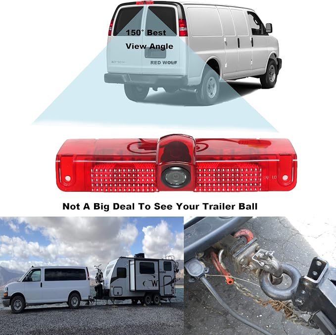 RED WOLF Third 3rd Brake Light Backup Camera for Chevrolet Express/GMC Savana 1500 2500/3500 2003-2019 Vans Upgrade Vehicle Lights w/Integrated Reverse Camera, 8 IR Night Vision, Adjustable Guidelines