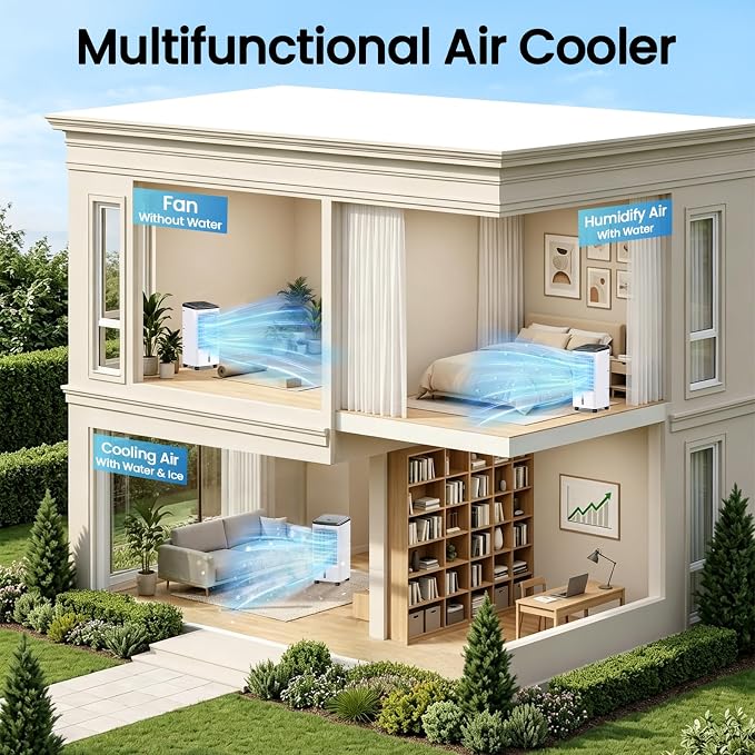 Windowless Air Conditioner, Portable Swamp Cooler with 2 Water Tanks, 4-in-1 Evaporative Air Cooler with Remote, 4 Modes 3 Speeds, 12H Timer, 4 Ice Packs, Ventless Cooling Fan for Room Home Office