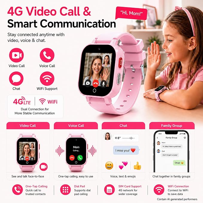 4G Kids Smart Watch with GPS Tracker, Video & Voice Call, SOS, WiFi, IP68 Waterproof, AI Smart Features, Parental Control Phone Watch for Boys Girls Age 4-12(SIM Card Included)