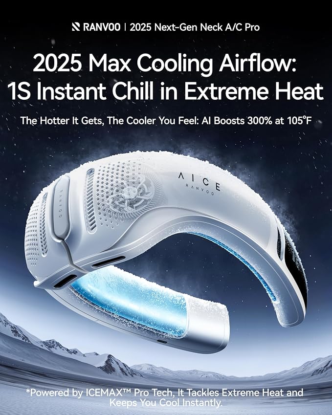 RANVOO AICE LITE Plus 2025 Max Cooling Airflow [No.1 Coolest & Most Durable] Neck Air Conditioner, Ultimate Immersive Personal AC 6000 mAh Rechargeable Neck Fan Blow Cold Air, for Mom/Dad, Ice White
