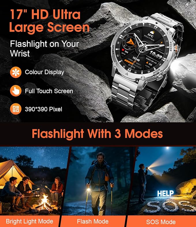 SUNKTA Military Smart Watches for Men,1400mAh Battery Smart Watch with Flashlight,1.7" HD Screen 5ATM Waterproof Fitness Tracker Smartwatch with 110+ Sport Modes,for iOS Android(2 Bands/Silver)