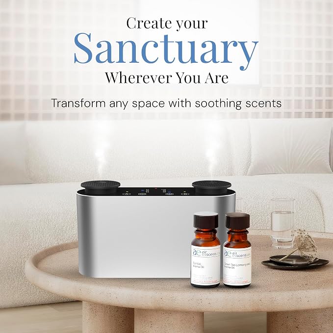 Mini Duo Smart Diffuser with Santal & Green Tea Lemongrass Oils, Bluetooth App-Controlled Waterless Aroma Scent Machine Set, Dual Nozzle, Rechargeable, Covers 100 sq. ft.