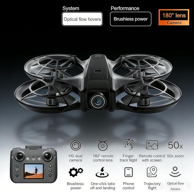 RC Drone with Screen Display Remote Control, Propeller Guard, Dual Camera, Speed Adjustment, Altitude Hold, One-Key Takeoff, 3D Flips, 2 Batteries, Helicopter Airplane, Hovering, Brushless Motor, APP Control, LED Lights, for Adult Beginners FPV Quadcop...