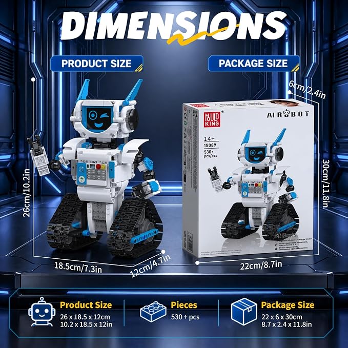 Mould King AI Robot Building Block Set, 530PCS Smart Interactive Robot with GPT Voice Control, Expressive LED Face, APP Control, STEM Educational Toy for Age 14+/Adults-Blue