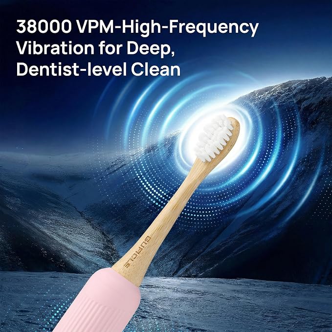 Bamboo Electric Toothbrush for Adults，Sonic Electric Toothbrush with 4 Bamboo Heads, Soft Castor Oil Bristles, 5 Modes, Smart Timer, Sonic Technology, IPX7 Waterproof, 70-Day Battery Life-Pink