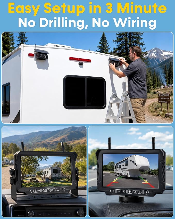 Dual Magnetic Backup Camera Wireless: Monitor 2 Areas at Once, Check Interior Hitch or Rear View While Driving & Reversing – 3-Min Setup, 7" 1080P Monitor with 20lb Magnetic Camera for RVs & Trailers