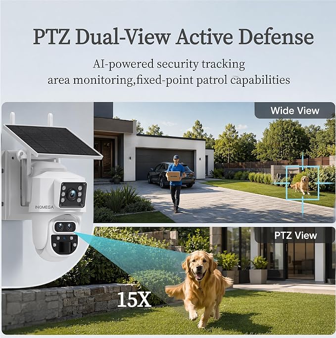 INQMQEGA 4G Solar Security Camera 3K Three Lenses 15X Zoom Outdoor Wireless Camera,PIR Human Motion Detection, Color Night Vision, Spotlight & Siren, Cloud & microSD Storage, App Control