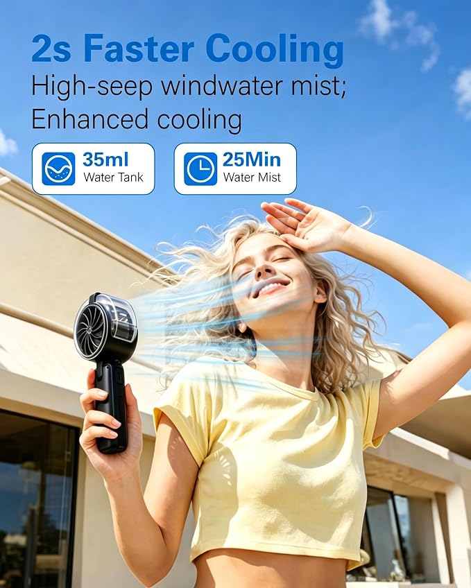 Handheld Portable Air Conditioners Fan -6000mAh Rechargeable Personal Fan Air Cooler,5 Speed Foldable Mini Water Spray Cooling,Turbo Hand Mist Fan for Outdoor,Travel,Beach,Camping,Golf,World Cup-Black