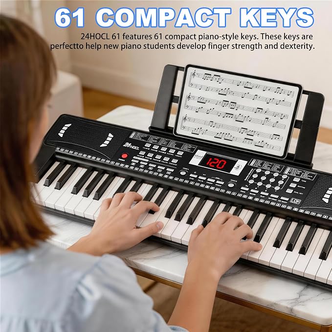 Electric Piano Keyboard, Digital 61 Key Piano Keyboard Kids with Speaker Microphone & Music Sheet Stand, Gift for Children Early Education Beginners, Black