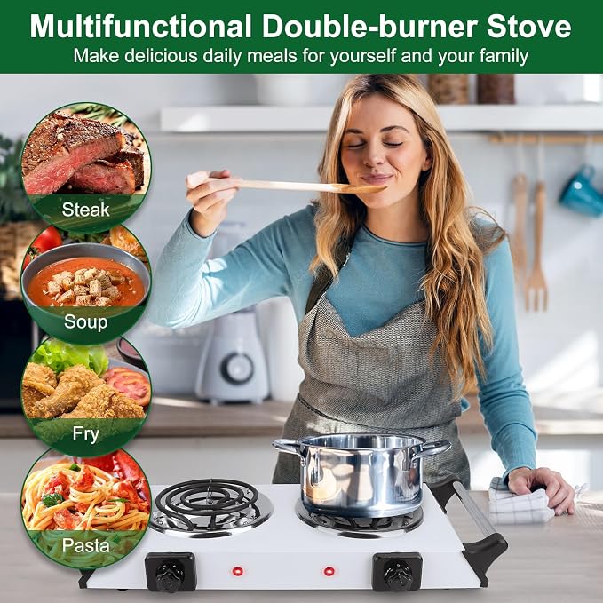 2000W Double Burner Electric, Portable Hot Plate for Cooking, Cooking Stove with 5 Temperature Adjustments, Countertop Burner Cooktop for Kitchen, Dorm