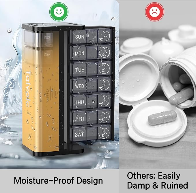 Pill Organizer 7 Day AM PM, Discreet 2 Times a Day Weekly Pill Box with Double Protection Shell, Large Capacity Portable Vitamin Case for Travel Meds & Medicine Organizer (Silver and Yellow)