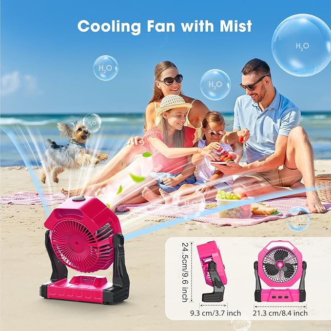 Ausic Portable Misting Fans, [Max 35H Runtime] Pink Outdoor Cooling Fan for Patios, 8 Inch Battery Operated Rechargeable Fans, Water Spray Fan with LED Light for Pets/Travel Beach Camping Essential
