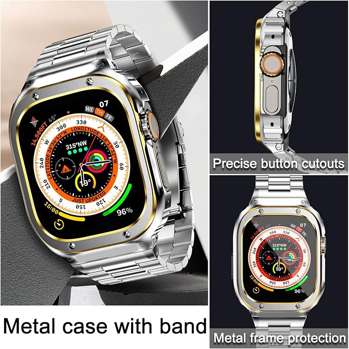 MioHHR Stainless Steel Band and Case Compatible with Apple Watch Band 49mm, Men Metal Protective Bumper Cover for iWatch Series Ultra 3/2/1, Silver/Gold