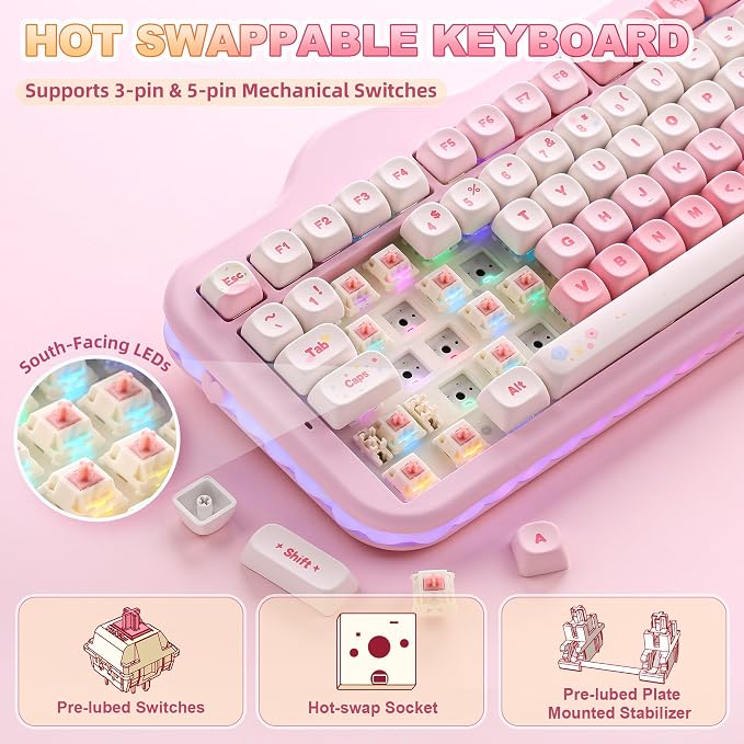 YUNZII C98 Wireless Mechanical Keyboard with Number Pad,99 Key BT5.0/2.4G/USB-C Hot Swap Gasket Mount with PBT MOA Keycaps,Custom RGB,Cute Cake Keyboard for Win/Mac (Pink, Candy Linear Switch)