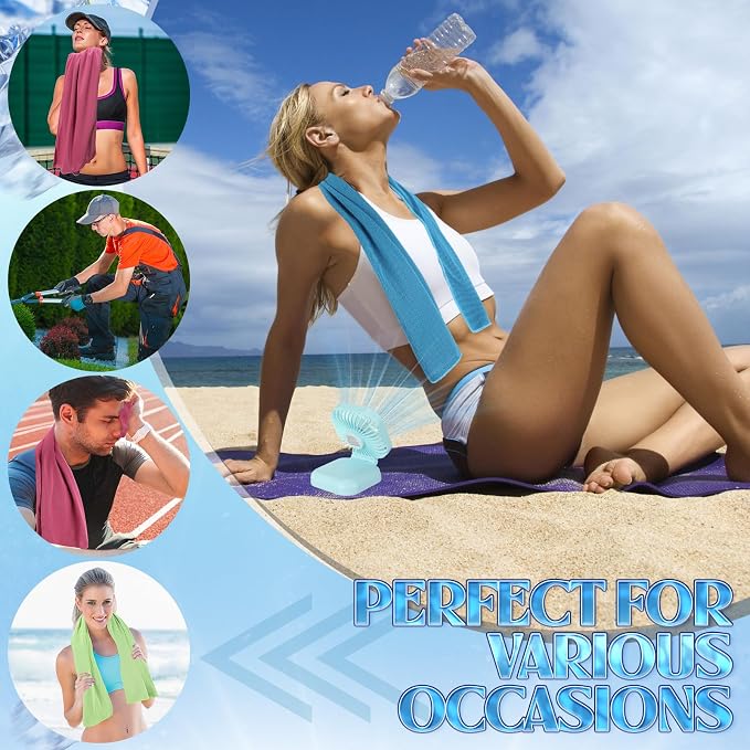 Hortsun 12 Personal Necklace Fan 12 Cooling Towels USB Rechargeable Battery 3 Speed Handheld Fan Portable Neck Hanging Fans Cooling Rags Bulk for Yoga, Sport, Camping, Fitness(Dark Color)