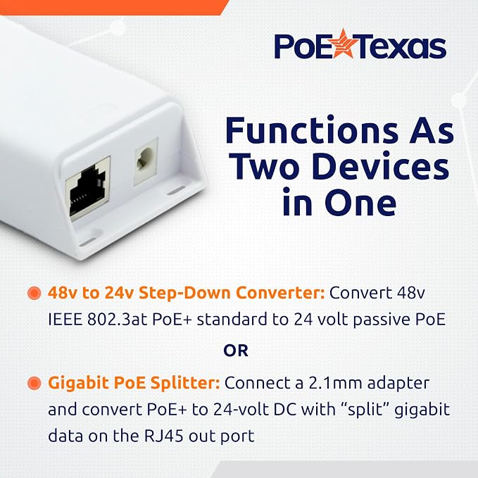 PoE Texas 48v to 24v PoE Converter - Inline PoE Splitter with 24 Volt 25 Watt PoE or DC - Converts IEEE 802.3at PoE+ to 24V Passive PoE or 24V DC Output with Gigabit Data for Ubiquiti and Mikrotik