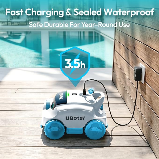 Cordless Robotic Pool Vacuum UBoter E10, Dual-Layer Filtration, Powerful Edge Corner Cleaning, 120–150 Mins Runtime, Auto Parking, No Debris Leakage, for Above Ground Flat Bottom Pools Up to 860 Sq.Ft