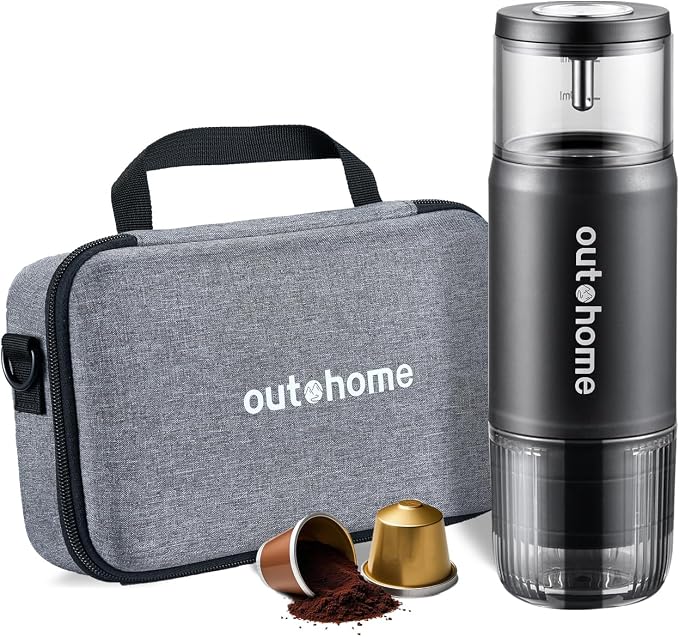 outohome Portable Electric Espresso Machine,15 Bar Self Heating Outdoor Coffee Maker, Travel Coffee Machine for Camping With Ground Coffee and NS Capsule for RV, Office,Car Coffee with carry Bag