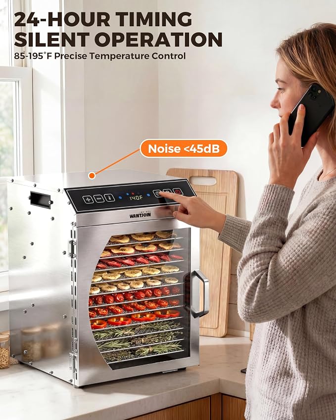 WantJoin Food Dehydrator Machine - 12-Tray Commercial Food Dehydrator w/ 12 Trays, 5 Hooks, Hanging Rack, 86-194℉ Temp, Timer, LED Display, 800W Food Dehydrater For Homemade Jerky Fruit Vegetable